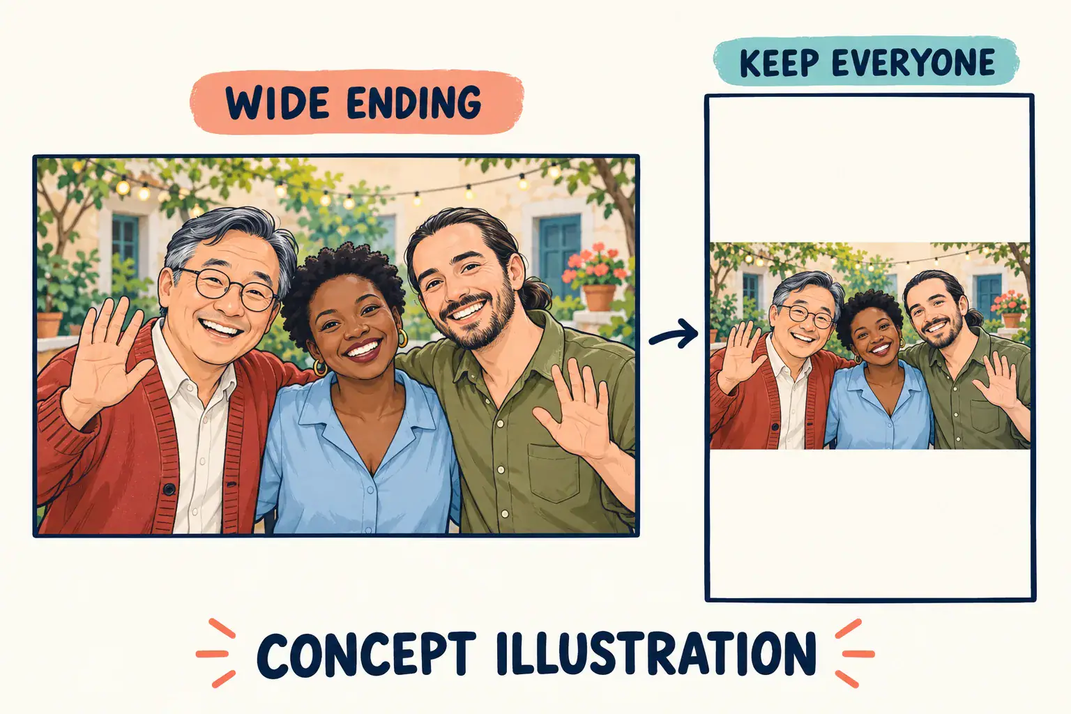 Concept illustration: a wide group ending preserved within a portrait canvas