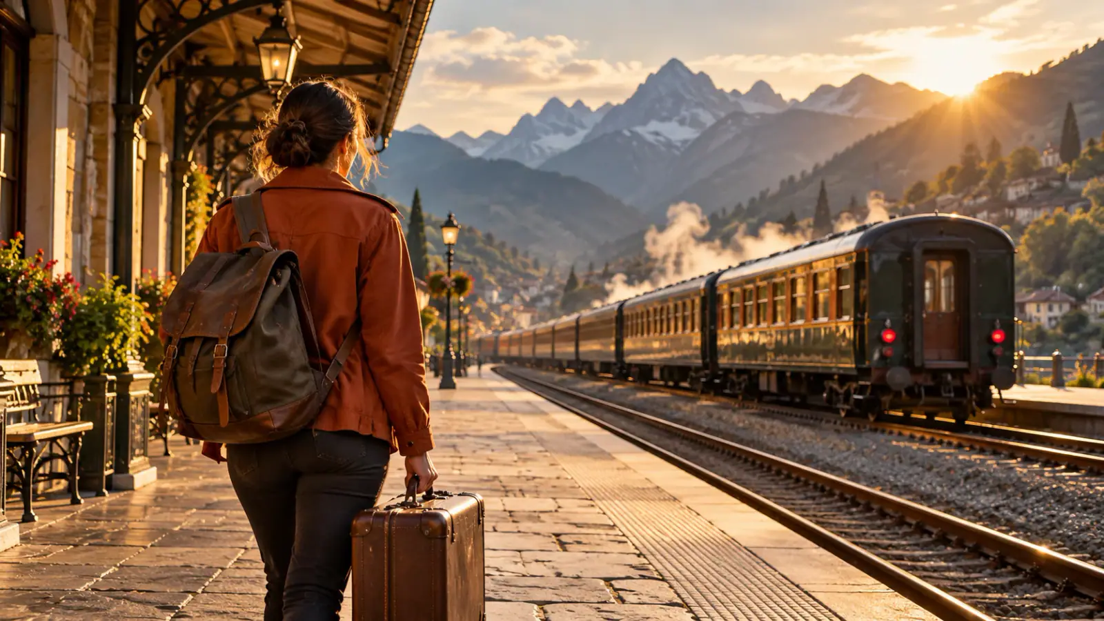 Illustrative scene: Traveler approaching a train along a sunlit platform.