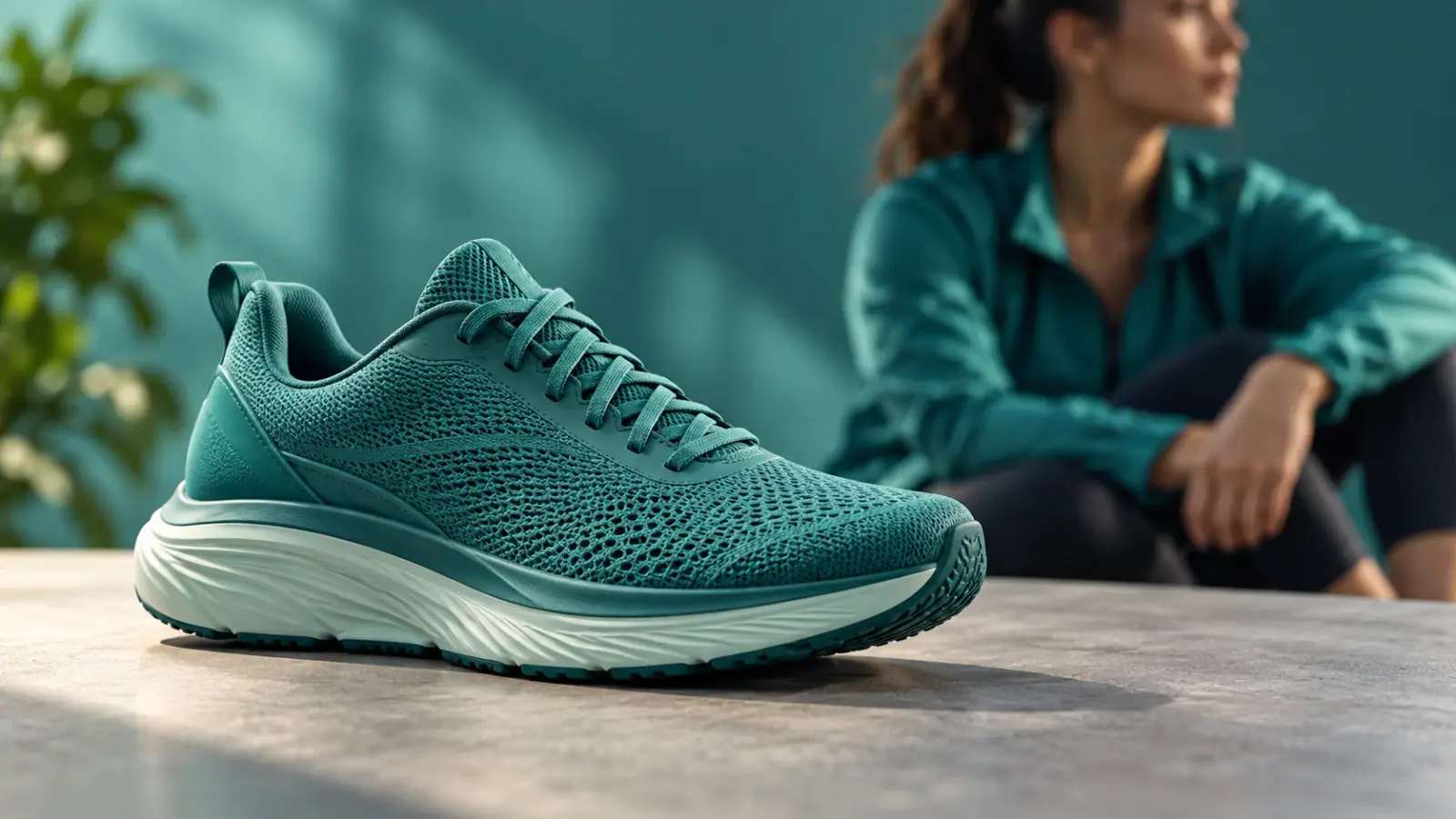 Illustrative scene: Teal running shoe in a studio with an athlete softly in the background.