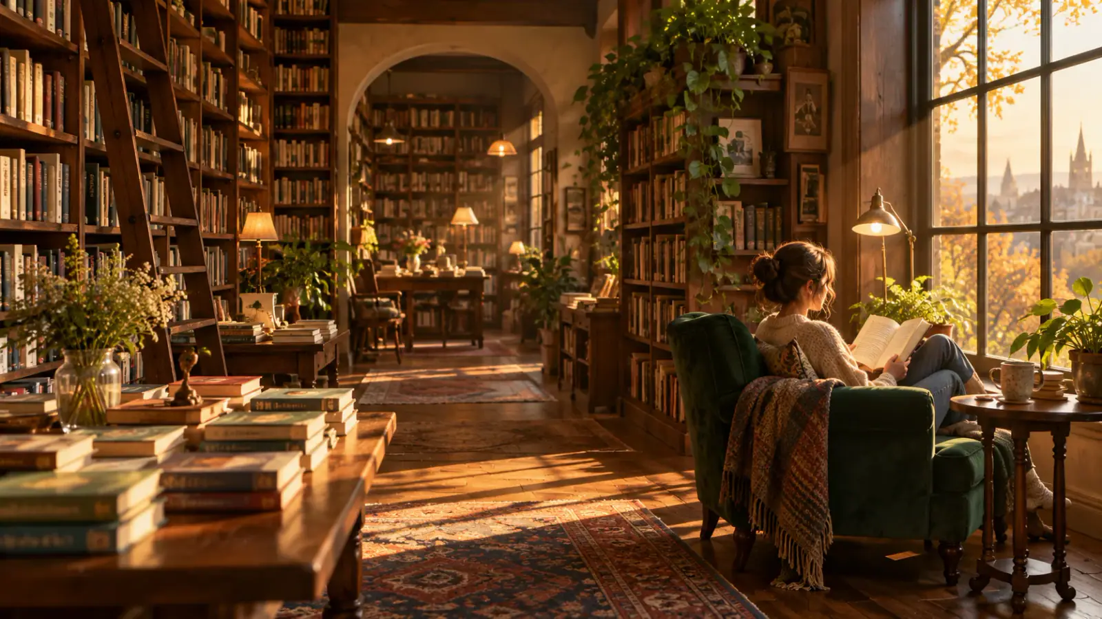 Illustrative scene: Reader beside a window in a warmly lit bookstore.