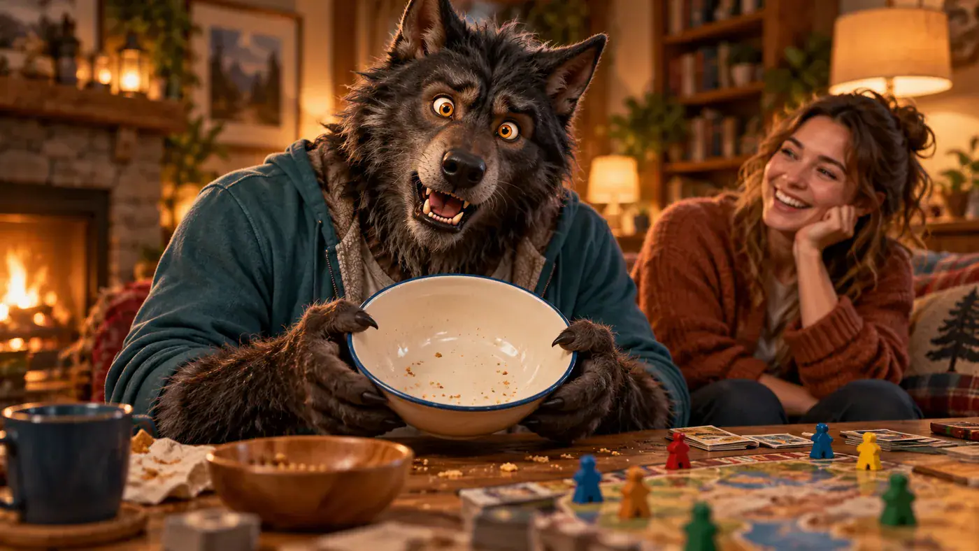 AI concept illustration of a playful werewolf reacting to an empty snack bowl.